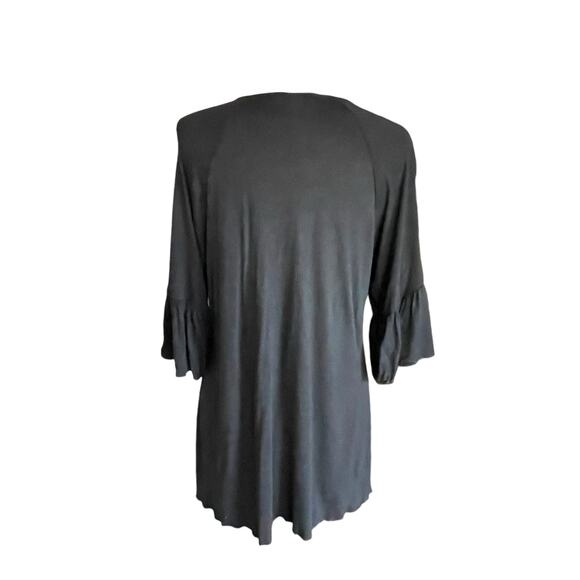 Catina Black Tunic Blouse Blue Geometric Embroidery Tassel Tie Ruffled MED Boho - Picture 5 of 10